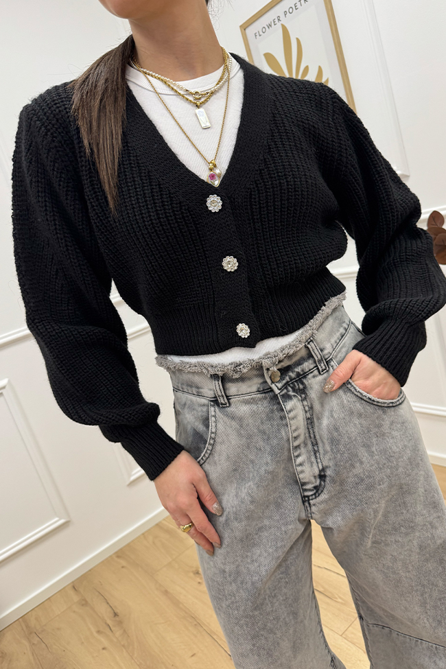 Haveone - Cardigan cropped nero con bottoni gioiello