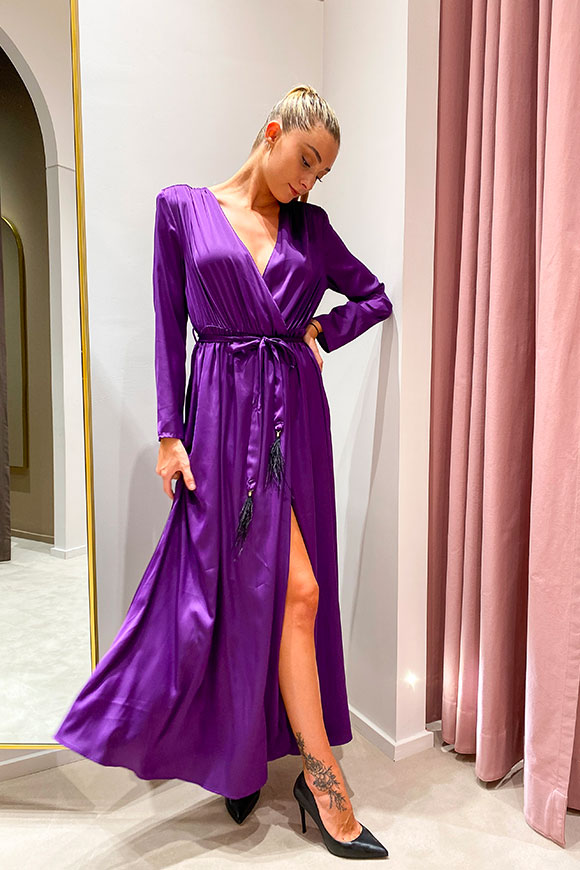Vicolo - Vestito viola lungo in raso con spacco