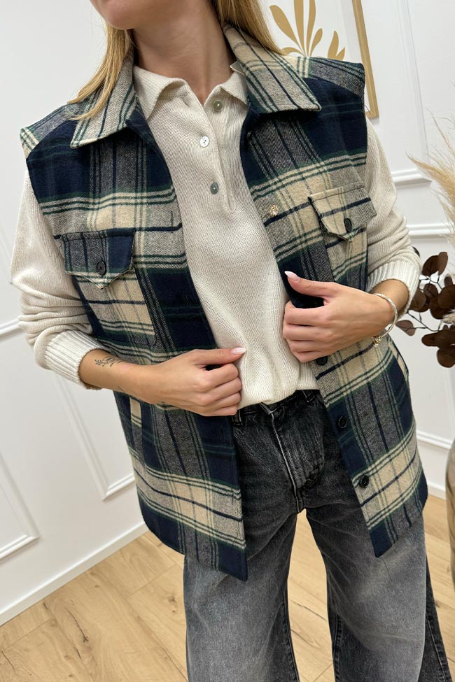 Vicolo - Gilet oversize check verde, blu e beige