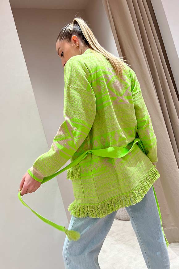 Vicolo - Poncho alanui verde acido, sabbia sfrangiato con tasche