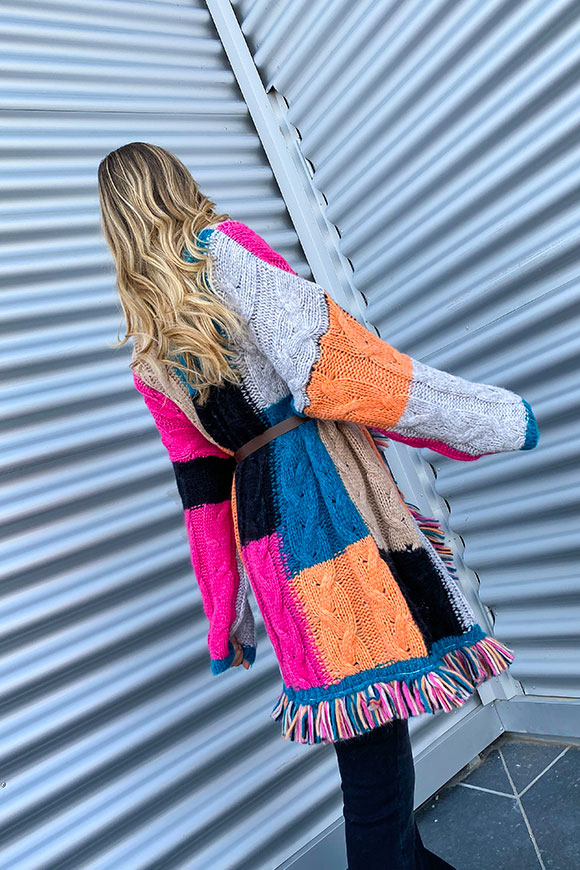 Vicolo - Teal, orange and fuchsia color block cardigan