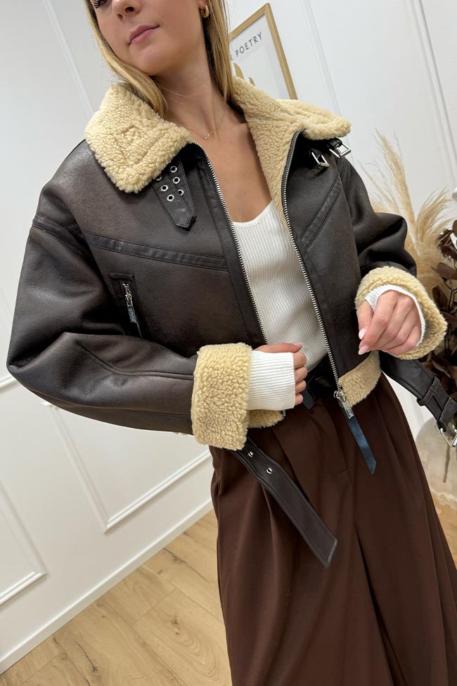 Vicolo - Chiodo shearling crop effetto scamosciato moro