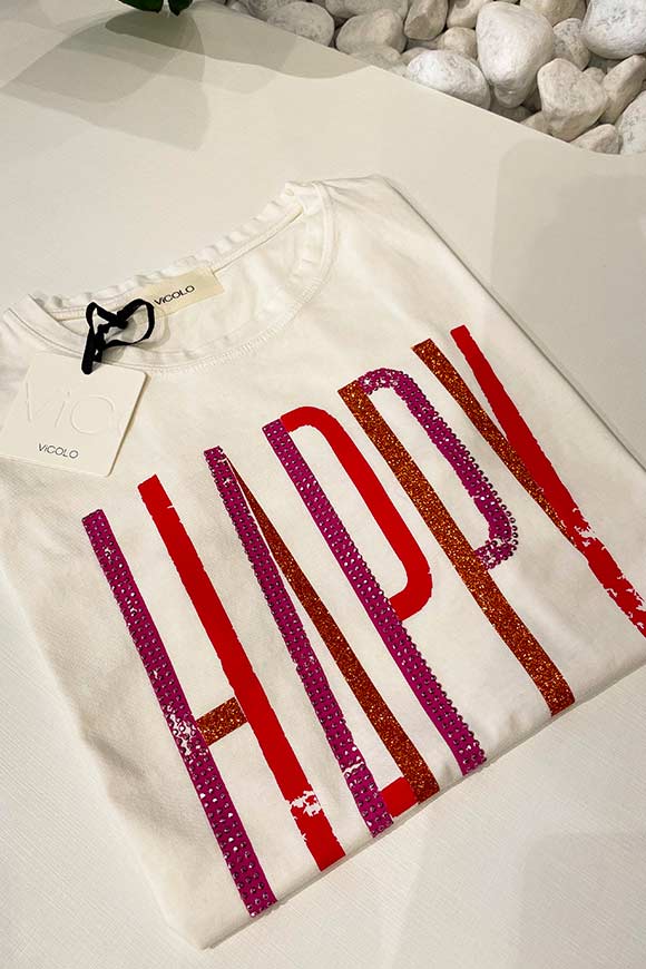 Vicolo - T shirt bianca stampa "Happy" fucsia, arancio, rosso