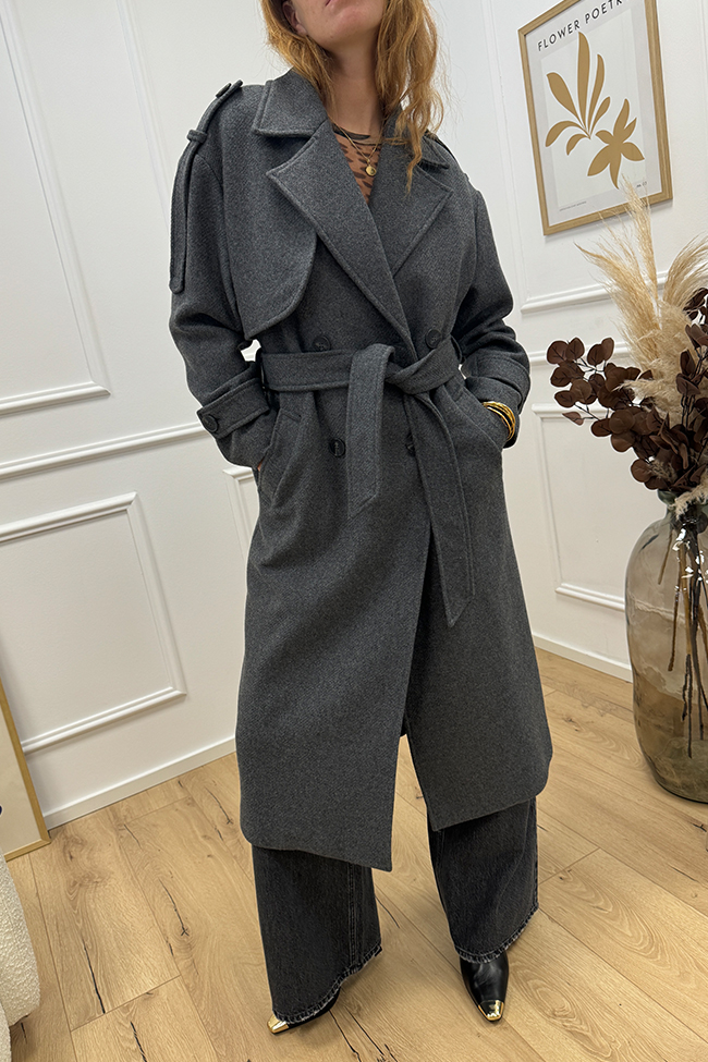 Haveone - Cappotto trench grigio antracite con cintura