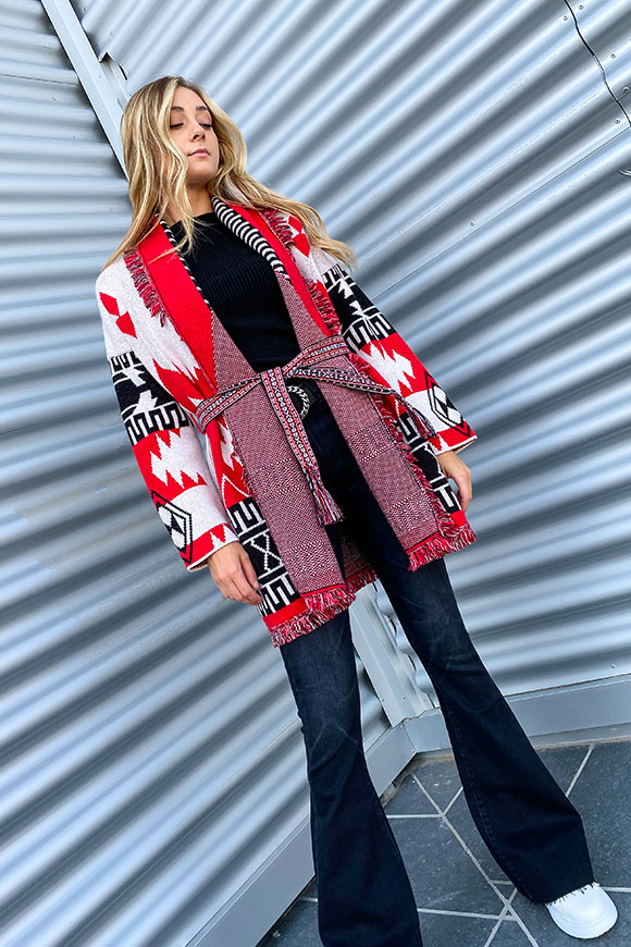 Vicolo - Red, white and black alanui poncho with Nordic pattern