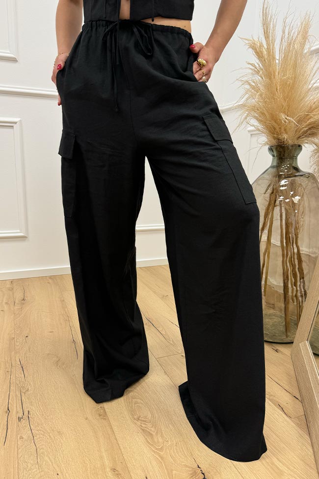 Crispy - Coordinato gilet e pantalone nero misto lino