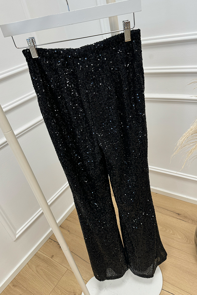 Tensione In - Pantaloni in paillettes neri a zampa