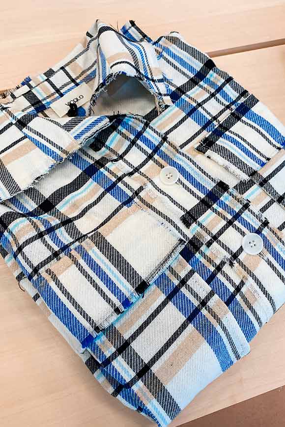 Vicolo - Cream and light blue tartan shirt with fringes