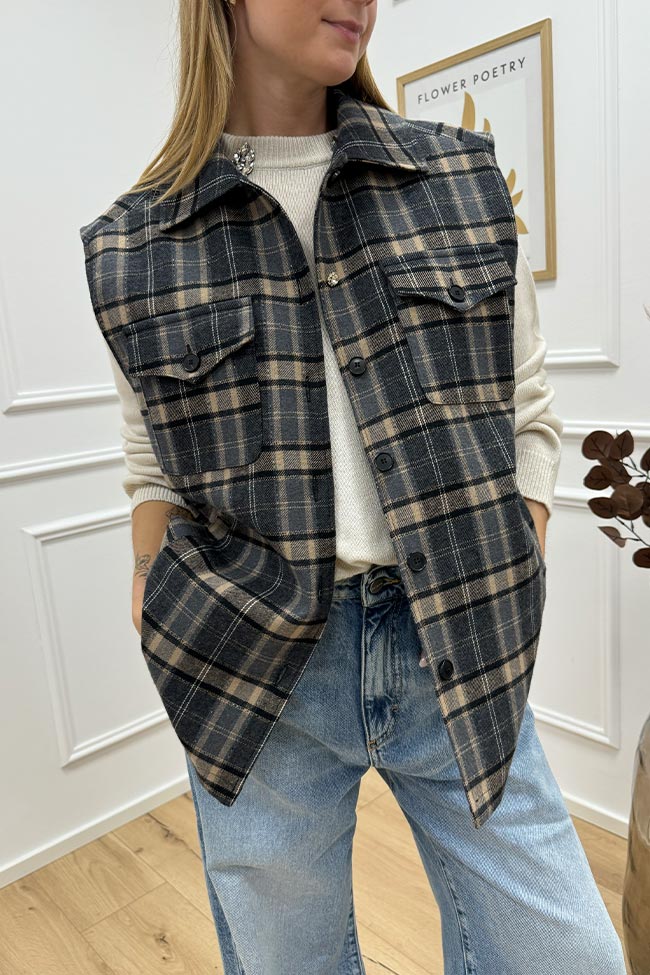 Vicolo - Gilet oversize check grigio e beige