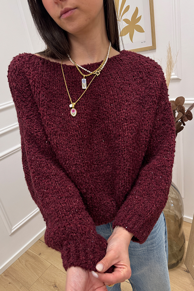 Haveone - Maglione bouclé vino scollo a barca con micro paillettes