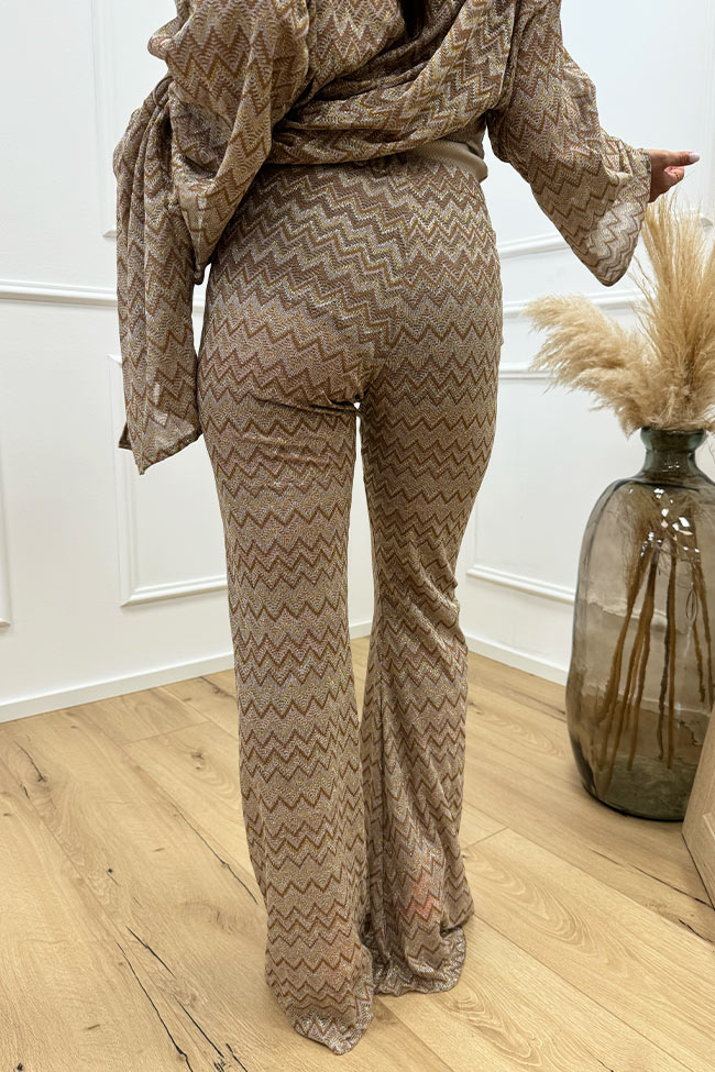 Haveone - Pantaloni zig zag in lurex beige e oro