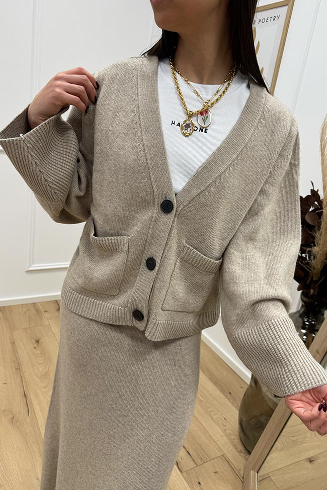 Vicolo - Cardigan tre bottoni beige misto lana e cashmere