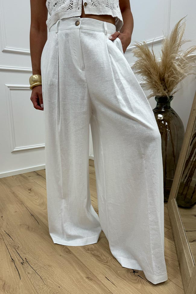 Kontatto - Pantaloni bianchi a palazzo gamba ampia misto lino