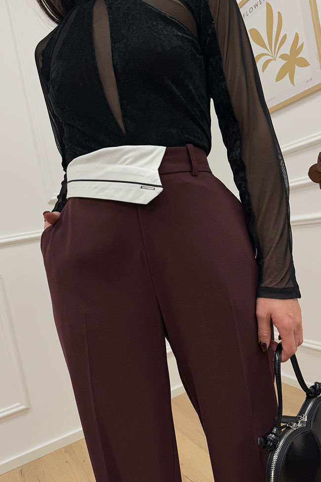 Haveone - Pantaloni bordeaux con risvolto in vita bianco