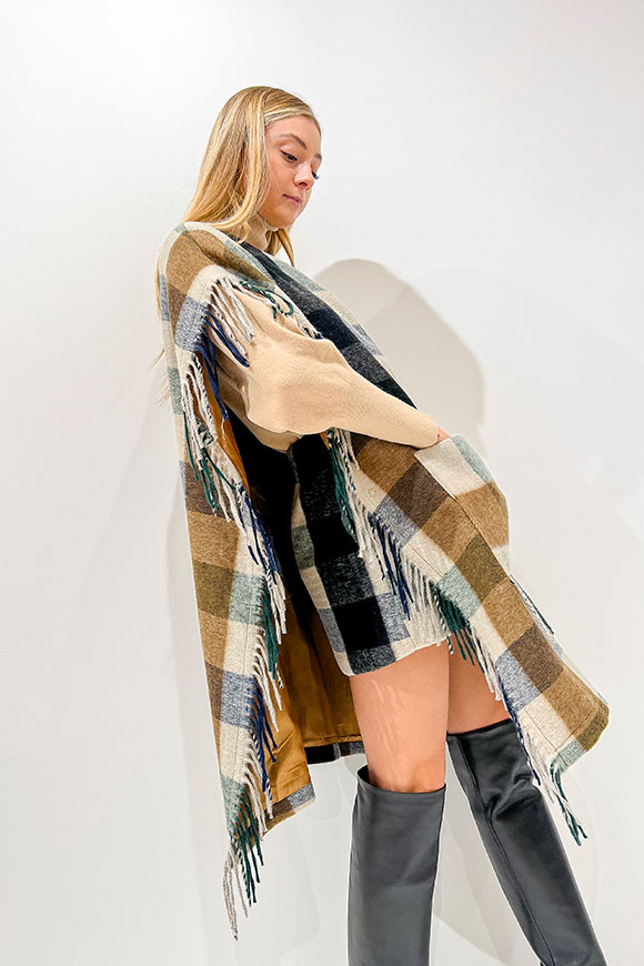 Vicolo - Butter, black, tobacco check cape with fringes