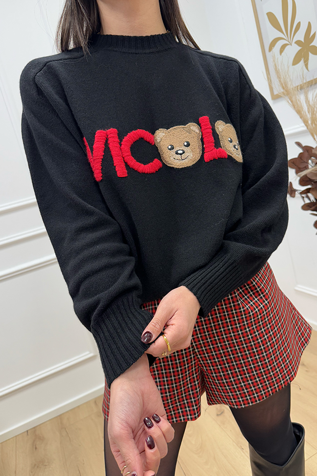 Vicolo - Maglione nero ricamo logo teddy