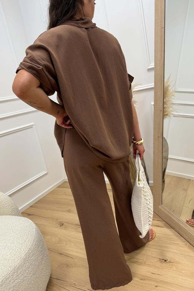 Haveone - Completo camicia e pantalone cioccolato misto lino