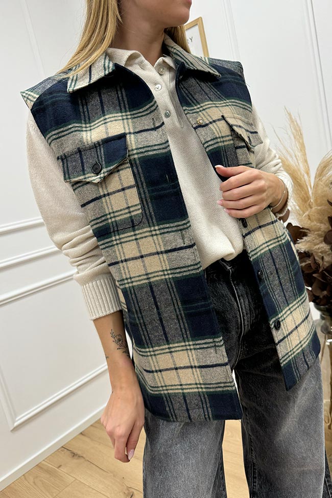 Vicolo - Gilet oversize check verde, blu e beige