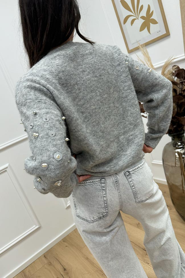 Icona - Maglia grigia misto alpaca con strass e perle