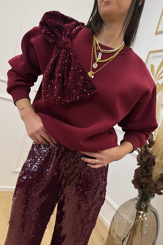 Tensione In - Felpa bordeaux con maxi fiocco in paillettes