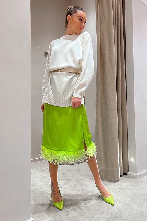 Vicolo Acid green midi skirt in satin with feathers on the bottom