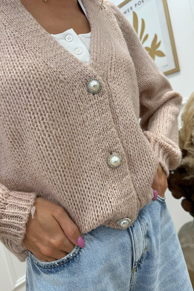 Haveone - Cardigan filo lurex rosa con bottoni perla e strass