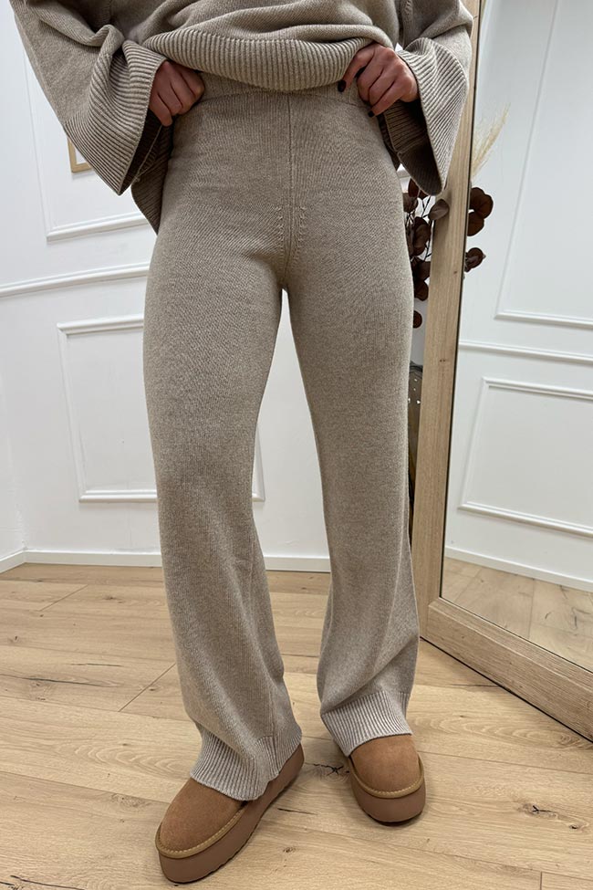 Vicolo - Pantaloni in maglia beige misto lana e cashmere