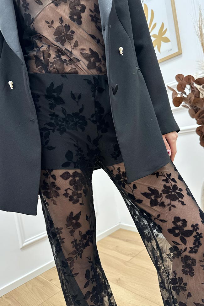 Haveone - Pantaloni in tulle nera fiori floccati