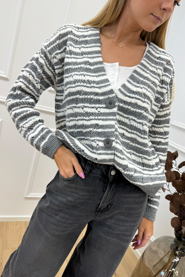 Haveone - Cardigan traforato grigio e bianco con bottoni