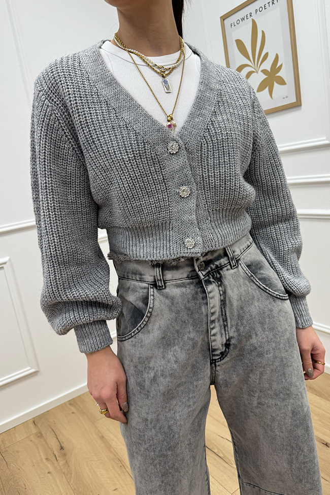 Haveone - Cardigan cropped perla con bottoni gioiello