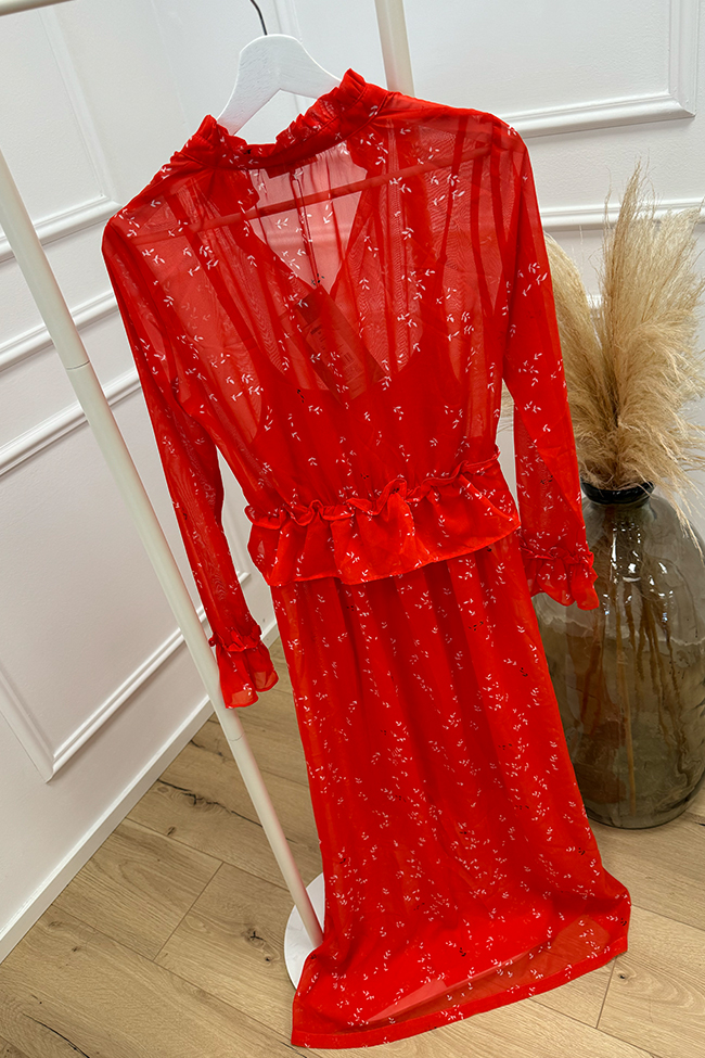 Minimum - Vestito lungo rosso stampa foglie con rouches