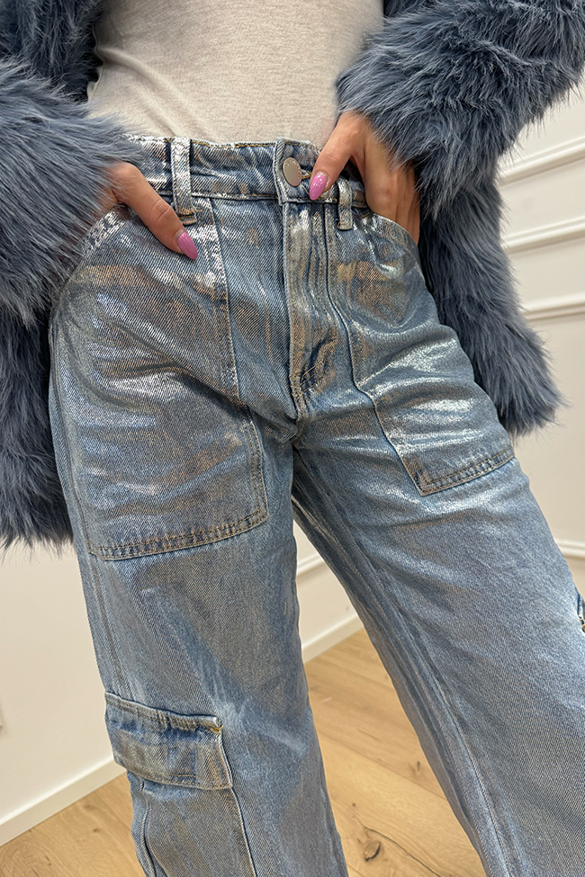 Glamorous - Jeans cargo spalmato argento