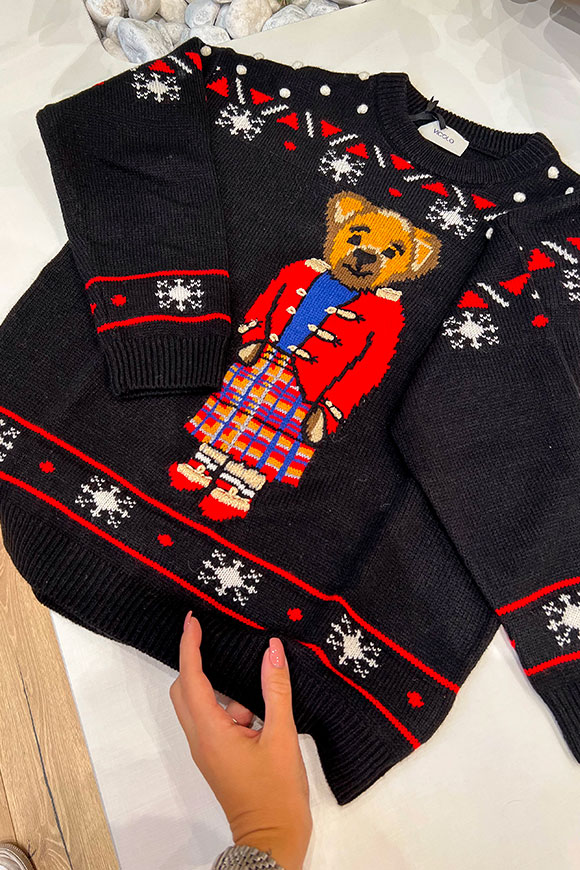 Vicolo - Black sweater with tartan bear