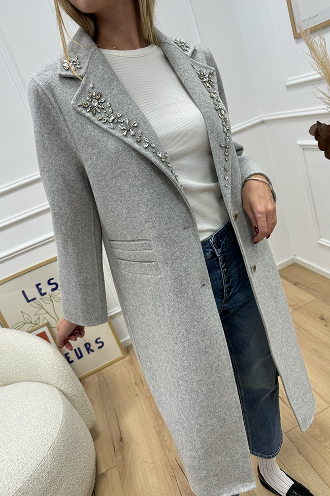 Icona - Cappotto grigio chiaro strass su revers