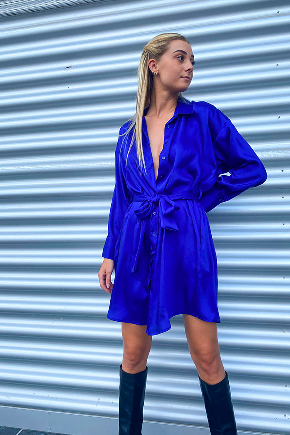 Vicolo - Blue satin shirt dress with sash