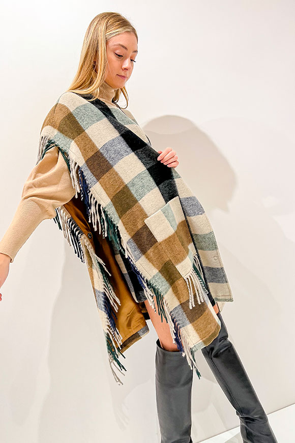 Vicolo - Butter, black, tobacco check cape with fringes