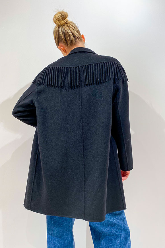 Vicolo - Double-breasted black coat with fringes