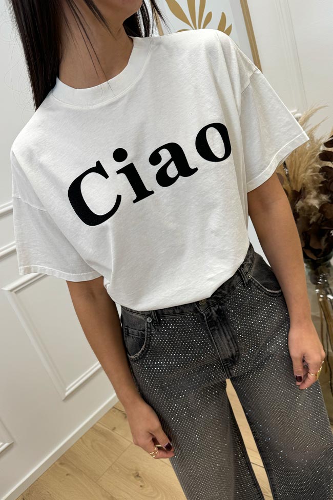 Vicolo - T shirt bianca stampa "Ciao" floccata