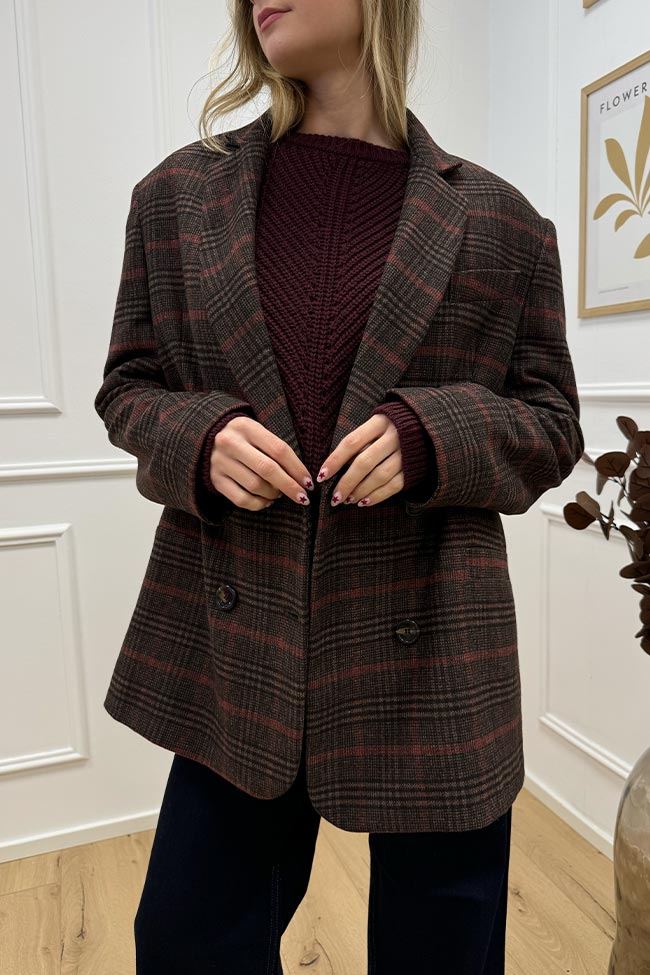 Haveone - Giacca misto lana tartan bordeaux e moro