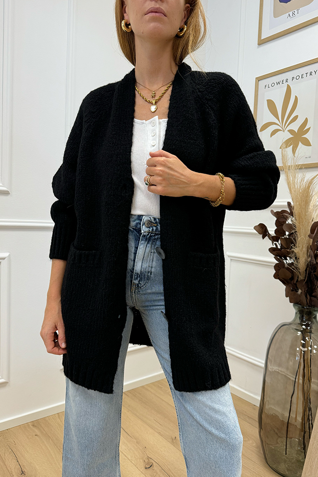 Haveone - Cardigan lungo nero con bottoni misto alpaca