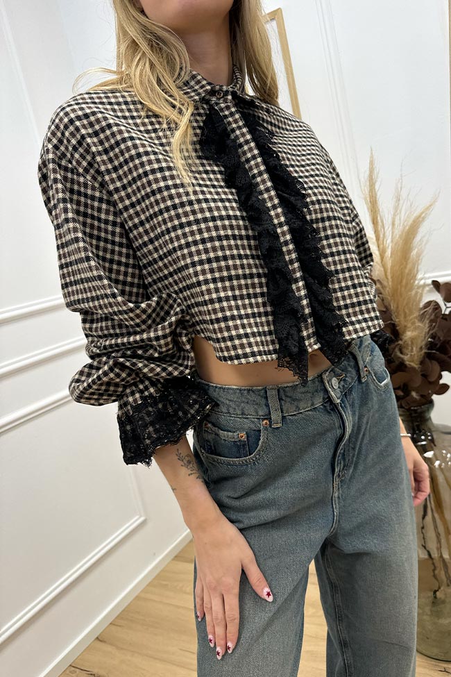 Haveone - Camicia crop quadretti moro, burro con pizzo