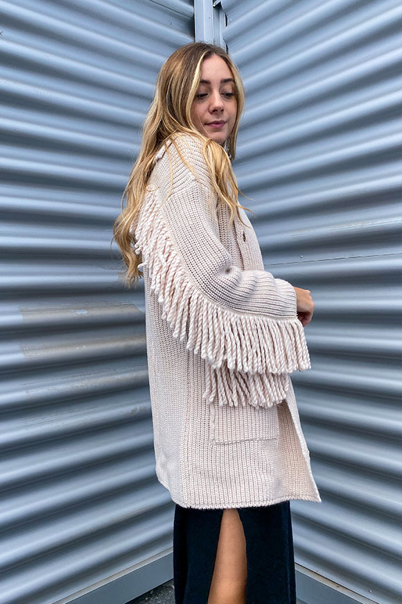 Vicolo - Ribbed vanilla cardigan with fringes and buttons