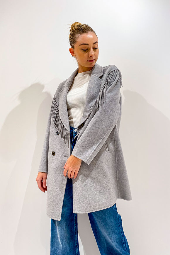 Vicolo - Cappotto grigio doppiopetto con frange