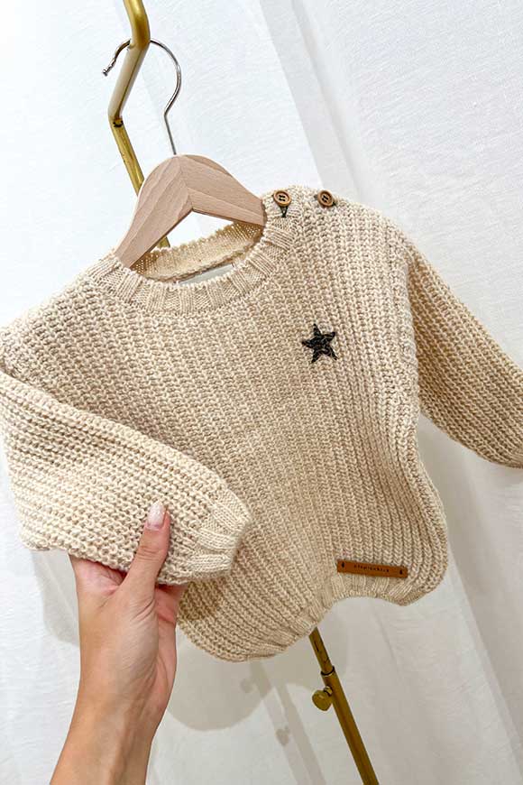 Piupiuchick - Maglione baby ecru con stampa davanti e sul retro nera