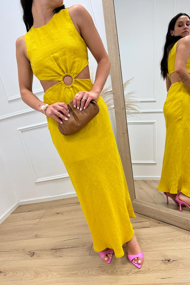 Vicolo - Vestito giallo cut out con anello in lino