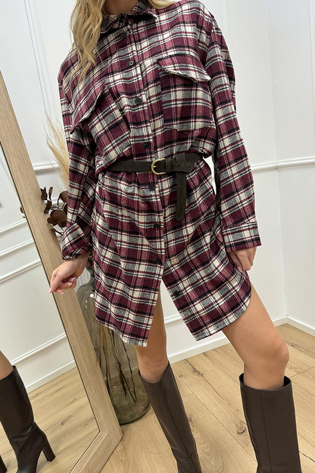 Haveone - Maxi camicia tartan bordeaux in flanella