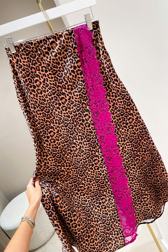 Haveone - Gonna leopardata satin con pizzo fucsia