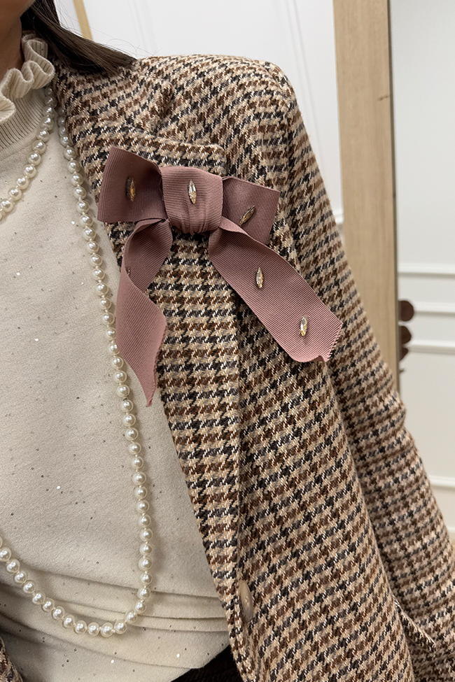 Haveone - Giacca tweed biscotto, moro e cioccolato con fiocco rosa