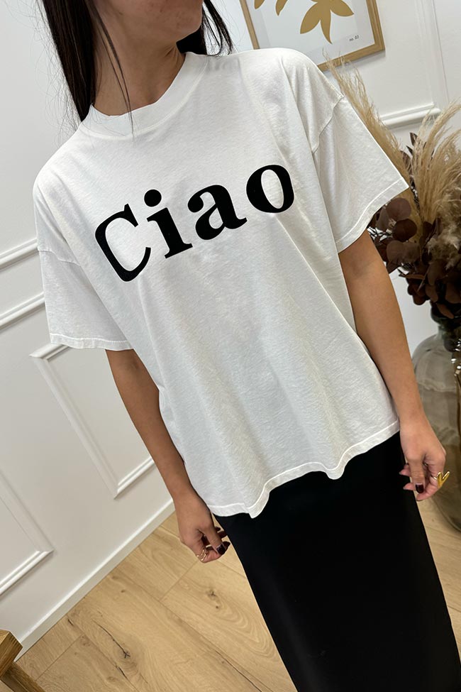 Vicolo - T shirt bianca stampa "Ciao" floccata