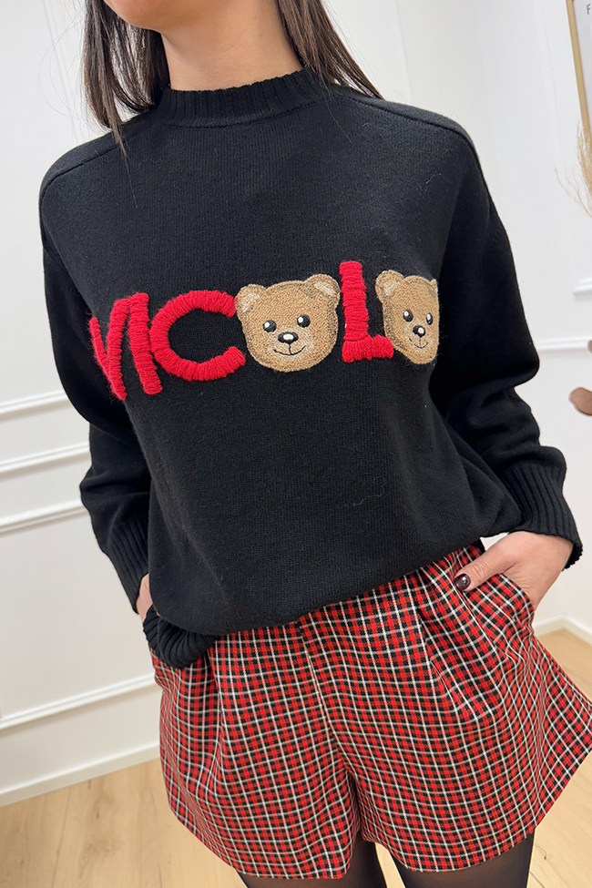 Vicolo - Maglione nero ricamo logo teddy